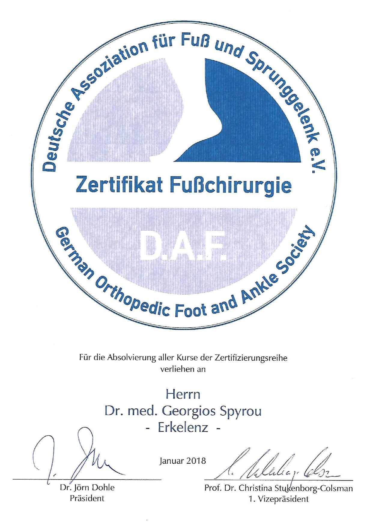 Zertifikat Fußchirurgie der DAF
